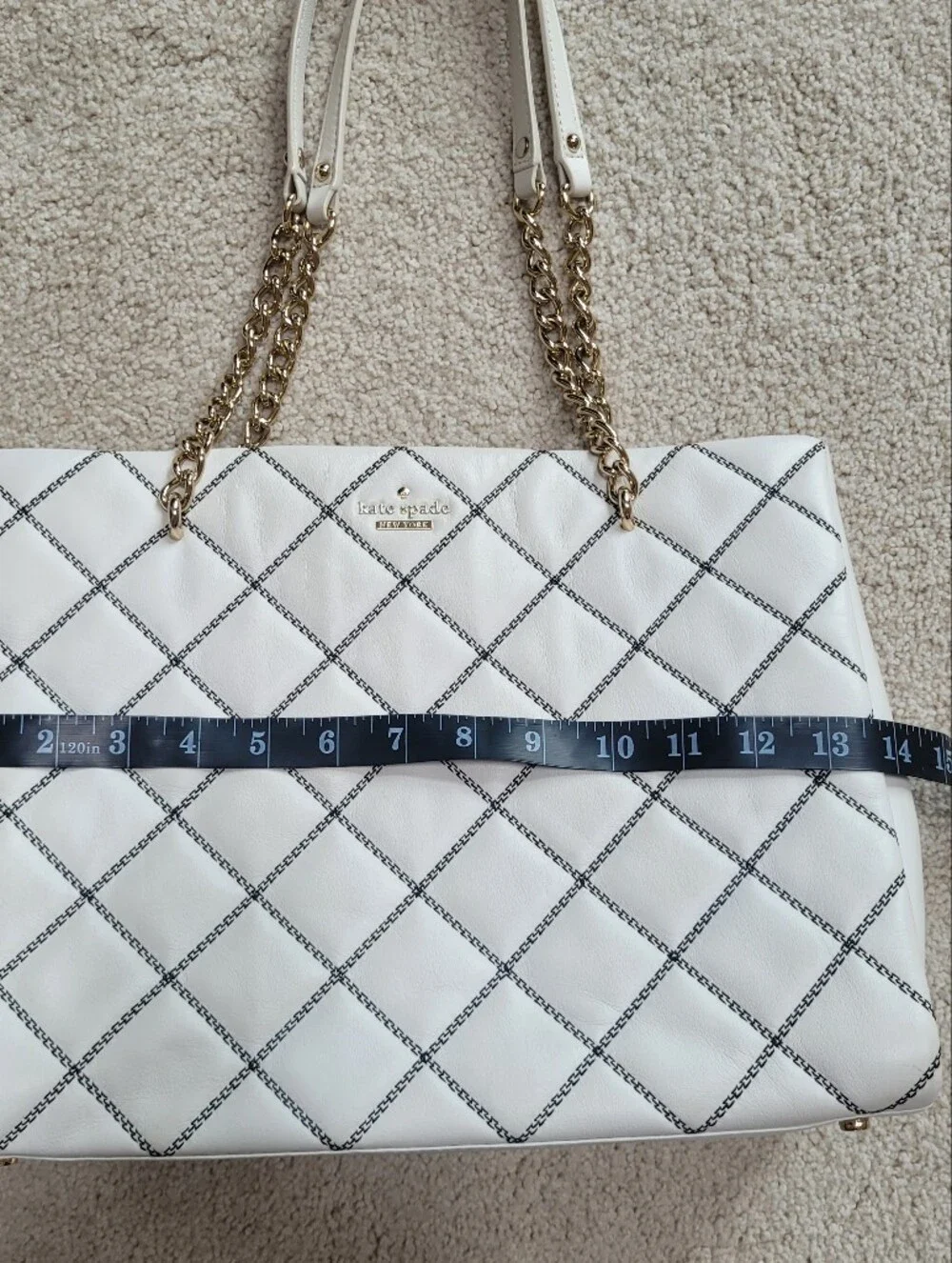 EUC kate spade White Quilted Tote with Black Stitching and Gold Chain Handles
